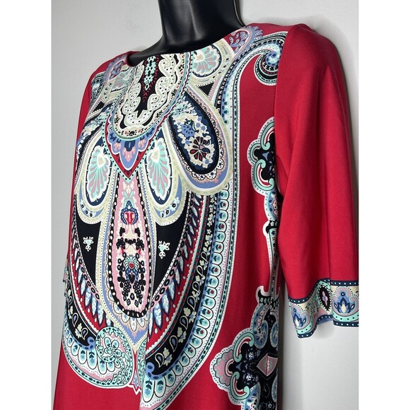 Sandra Darren Women's Red Multicolor Paisley 3/4 Sleeve Shift Dress Size 6 - Picture 3 of 10